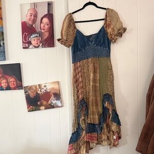 Asymmetrical Patchwork Dress with Blue and Green Accents